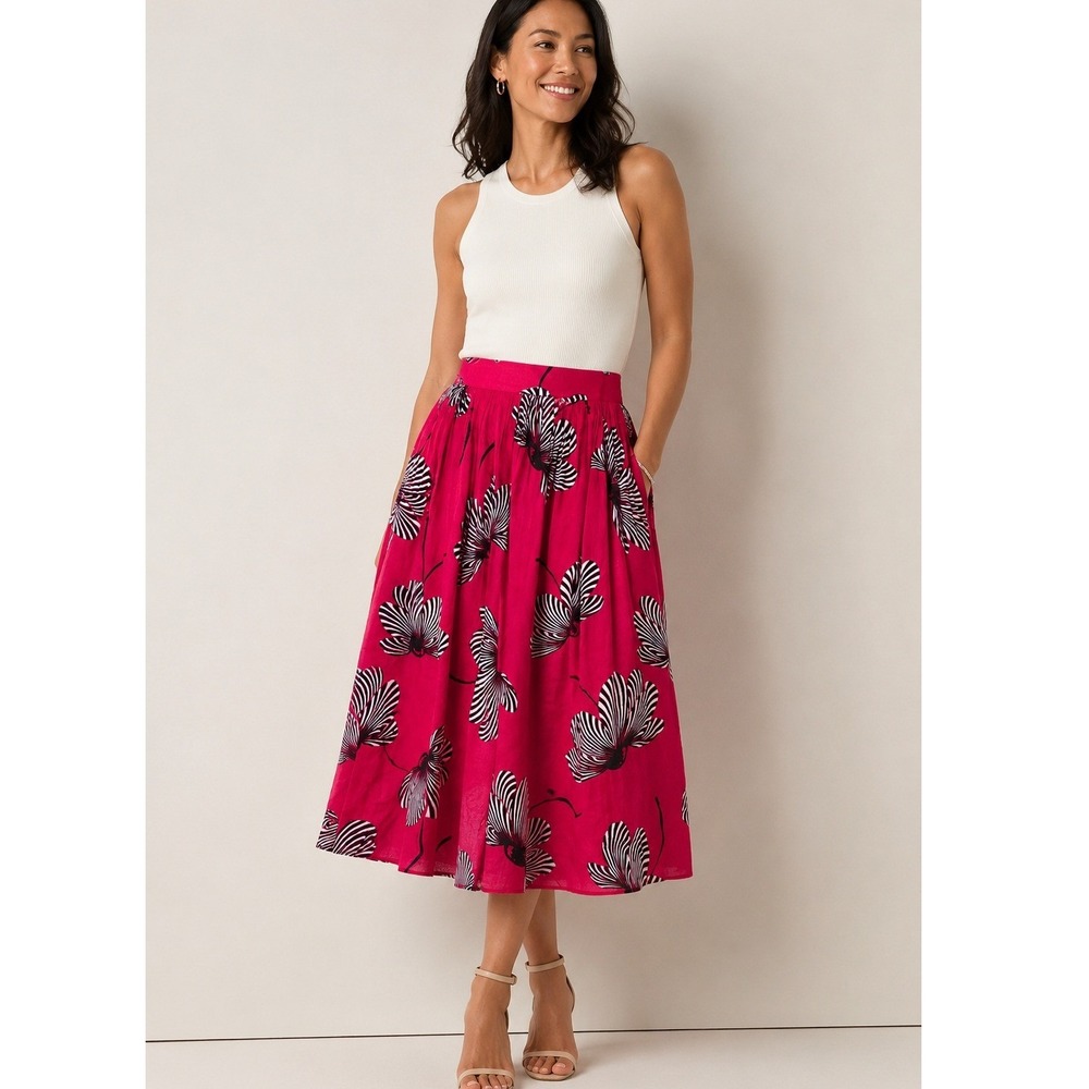 Ann Taylor Red Floral A-Line Skirt Women's Size 6 Ramie Cotton Lined
